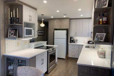 Example of a small trendy galley medium tone wood floor and gray floor open concept kitchen design in Other with a double-bowl sink, flat-panel cabinets, white cabinets, solid surface countertops, white backsplash, glass tile backsplash, stainless steel appliances, a peninsula and white countertops