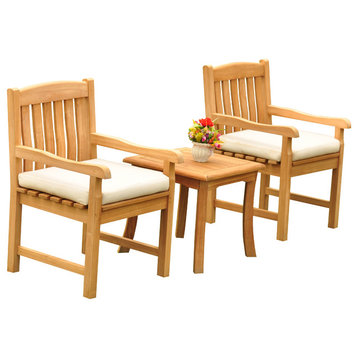 3-Piece Outdoor Teak Dining Set, 18" Side Table, 2 Devon Arm Chairs