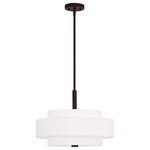 Livex Lighting - Meridian Pendant, Bronze - A triple drum shade adds character to this handsomely styled pendant light. Update your decor with the clean styling of this contemporary four light pendant from the Meridian collection. Features a lovely hand crafted off white fabric hardback shade and frosted diffuser for subtle illumination.