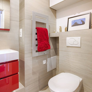 Esempio di una stanza da bagno moderna con piastrelle grigie, pavimento con piastrelle in ceramica, pavimento grigio e top rosso