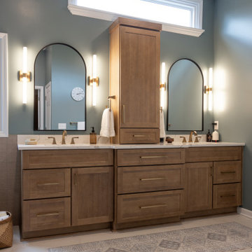 Spa Like Primary Bathroom Remodel with Warm Wood & Brass Details