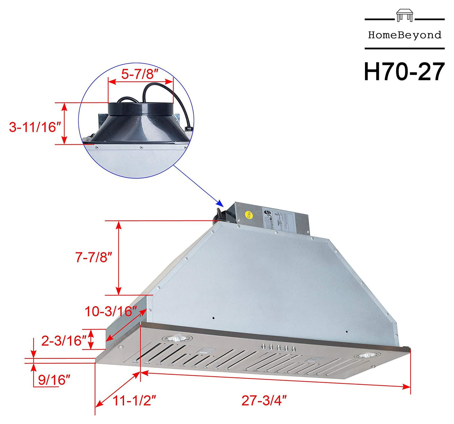 Stainless Steel Range Hood With 3  Speed Button Control, Stainless Steel, 28 in.