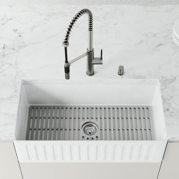 VIGO Matte Stone™ Farmhouse Slotted Apron Front Kitchen Sink With Gray Grid, 36"