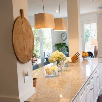 Kitchen Island with Posts and DIY linen pendents