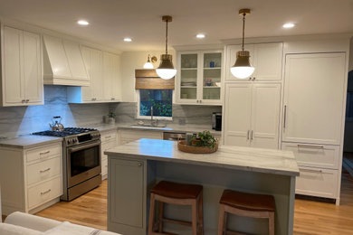 Example of a transitional light wood floor kitchen design in Other with shaker cabinets, paneled appliances and an island