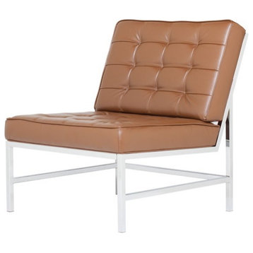 Modern Accent Chair, Chrome Legs & Deep Tufted Faux Leather Seat, Caramel Brown