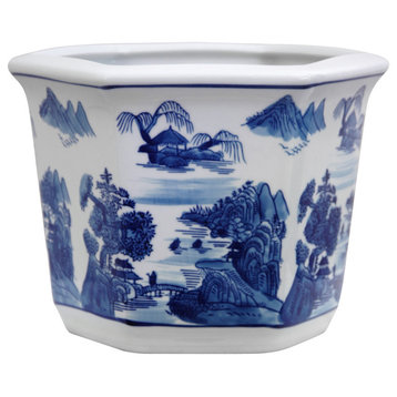 10" Landscape Blue and White Porcelain Flower Pot