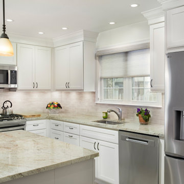 Bright Transitional Kitchen Remodel | Soft White Cabinets, Quartz Countertops