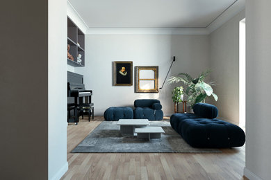 Esempio di un grande soggiorno eclettico aperto con parquet chiaro e con abbinamento di mobili antichi e moderni