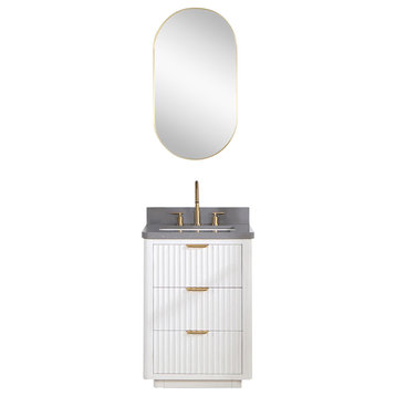 Cadiz Bathroom Vanity with Composite Stone Top, White, 24", With Mirror