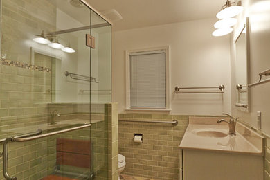 Small walk-in shower photo in Other with an undermount sink and a two-piece toilet