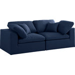 Meridian Furniture - Serene Linen Textured Fabric Deluxe Comfort 2-Piece Modular Sofa, Navy - There's lots to love about the Serene linen textured deluxe cloud-like comfort modular collection, and this piece is not an exception. The soft navy linen textured fabric is cozy and sleek to the touch while the overstuffed down/feather cushions provide gentle support so you can relax and unwind like a VIP. Customize your seating with this modular set by adding the pieces you like most. Latches under each piece make it easy to snap them into position for a look that's modern yet welcoming.