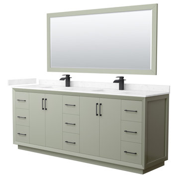 Strada 84" Green Double Vanity, Marble Top, Sinks, Black Trim, 70" Mirror