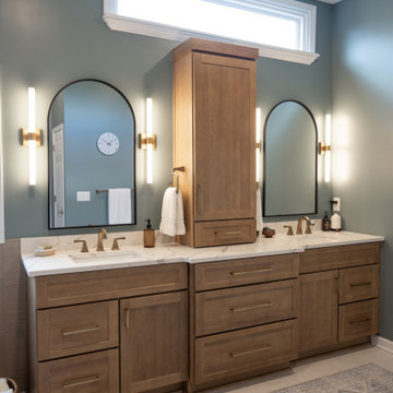 Spa Like Primary Bathroom Remodel with Warm Wood & Brass Details