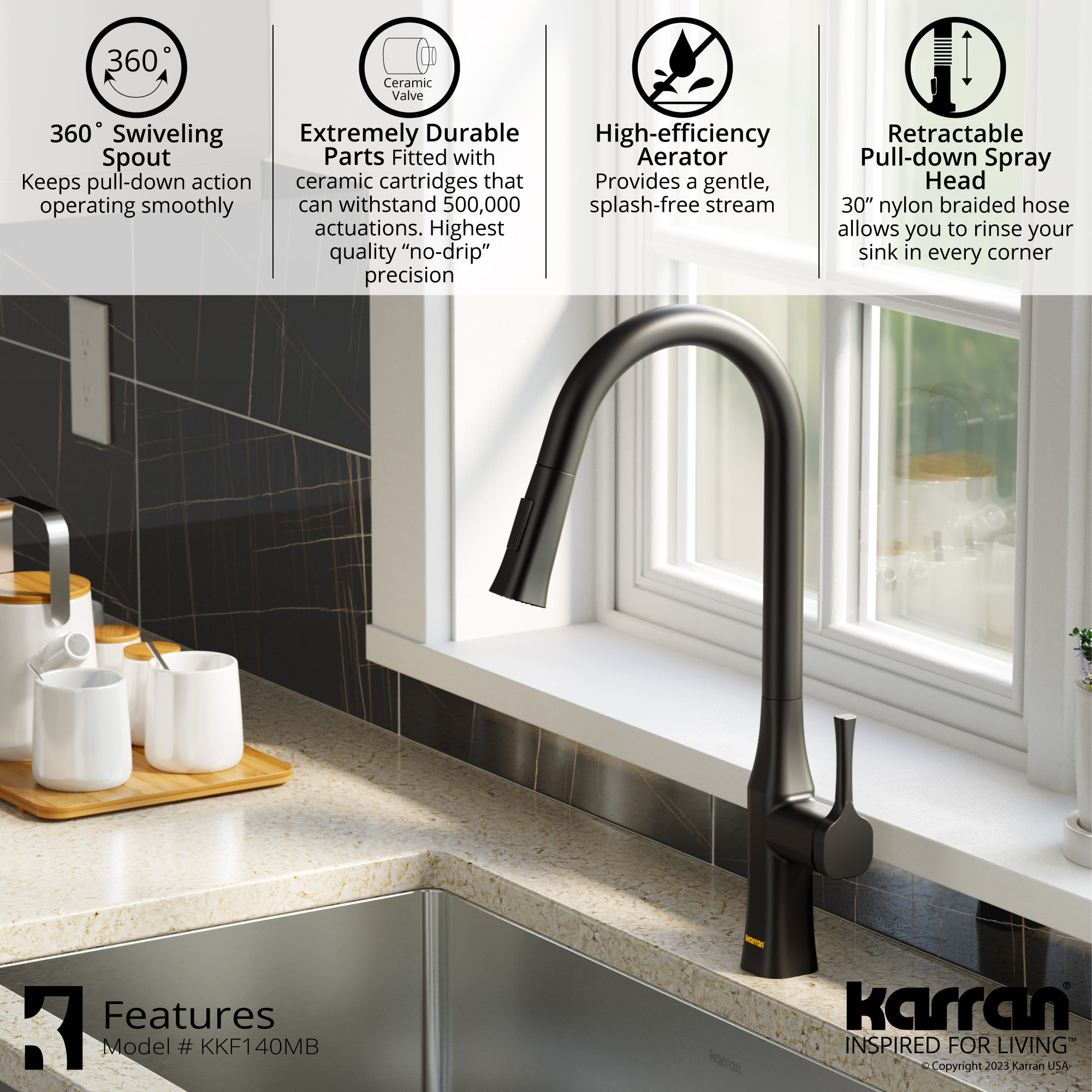 Karran KKF140 1-Handle Pull-Down Sprayer Kitchen Faucet, Matte Black