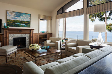 Large transitional open concept vaulted ceiling living room photo in Seattle with a standard fireplace and a stone fireplace