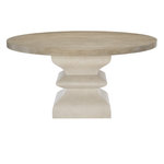Bernhardt - Bernhardt Santa Barbara Round Dining Table - This round dining tables cuts out corners, creating a more intimate space. An oak veneer top in a Textured Cameo finish sits upon a gracefully turned cast pedestal base in faux stone. With its stunning geometry and balance, this table will be the centerpiece of any dining room.