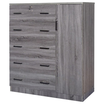 Pemberly Row 5 Drawer Wooden Tall Chest Wardrobe in Gray Finish