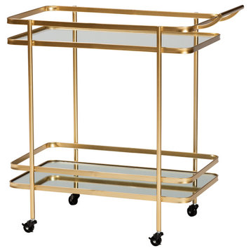 Chante Contemporary Glam Brushed Gold Metal and Mirrored Glass 2-Tier Bar Cart