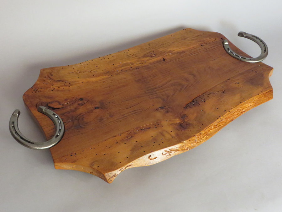 Tray #18015 Reclaimed Beech, Live Edges, Horse Shoe Handles