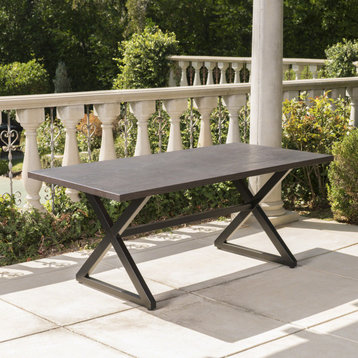 GDF Studio Rosarito Outdoor Aluminum Dining Table With Black Steel Frame, Brown