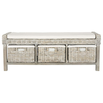 Coastal Storage Bench, Mango Wood Frame With Rattan Cover and Cushioned Seat