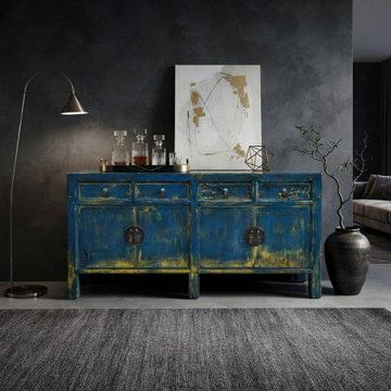 Distressed Bright Blue Oriental Sideboard Credenza Console Table Cabinet ws5014