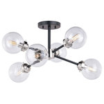 Vaxcel - Vaxcel - Orbit 6-Light Semi-Flush Mount in Industrial and Sputnik Style 12.25 - Collection: Orbit, Material: Steel, Finish Color: Satin Nickel, Width: 17.25", Height: 9.25", Lamping Type: Incandescent, Number Of Bulbs: 6, Wattage: 60 Watts, Dimmable: Yes, Moisture Rating: Dry Rated, Desc: The Orbit sputnik collection is characterized with a retro flair. Outstretched arms are punctuated with clear glass globes. Combine that with a vintage Edison style filament bulb to complete the look. Muted satin nickel accents and an oil rubbed bronze finish showcase a familiar look from a mid-century time. This semi flush mount ceiling light is ideal for hallways, living rooms, bedrooms, entryways or utility rooms.   Assembly Required: Yes / Back Plate Height: 1.00 / Back Plate Width: 4.75 / Canopy Diameter: 5.25 / Bulb Shape: B10 / Dimmable: Yes / Shade Included: Yes. ,-Orbit 6-Light Semi-Flush Mount in Industrial and Sputnik Style 12.25 Inches Tall and 25 Inches Wide-Satin Nickel Finish-Sputnik-C0132