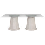 Bassett Mirror - Korey Dining Table - The Korey dining table is a modern mix of Boho meets Coastal design with white-washed mindi veneers. The tapered double pedestal base features box-weave cane detailing throughout. The glass table top measures 78" long and comfortably seats 6 adults.