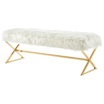 Posh Colin Fur Fabric Upholstered Bench with Stainless Steel Legs - White/Gold