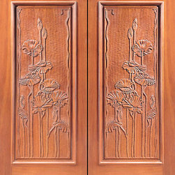 Hand Carved Panel Prehung Double Door in Mahogany - Front Doors