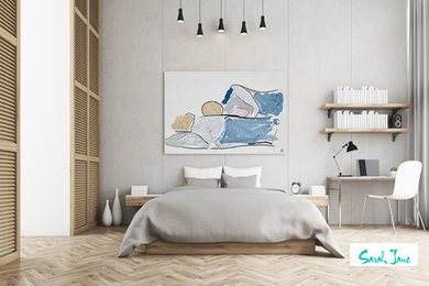 Large modern master bedroom with grey walls, light hardwood floors, beige floor and panelled walls.