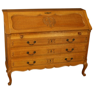 Consigned Vintage French Secretary Desk  Quartersawn Golden Oak  Carved  Louis