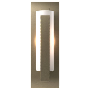 Forged Vertical Bar Sconce, Steel Backplate, Soft Gold Finish, Opal Glass