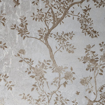 Floral ivory pearl off white gold metallic apple trees birds textured wallpaper, Roll 27 Inc X 33 Ft