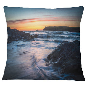 Setting Sun at Polzeath Beach Modern Seascape Throw Pillow, 18"x18"