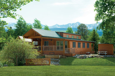 Inspiration for a mid-sized rustic brown one-story wood exterior home remodel in Other with a metal roof
