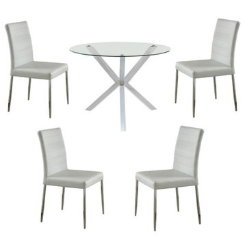 Home Square 5 Piece Set with Round Glass Top Dining Table and 4 Chairs in White