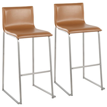 Mara Contemporary Barstool, Stainless Steel/Camel Faux Leather, Set of 2