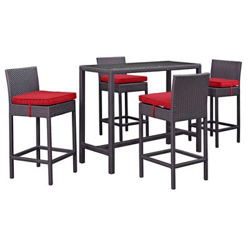 Modern Urban Outdoor Patio 5-Piece Pub Bar Chairs and Table Set, Red, Rattan