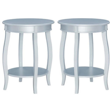 Home Square Round Wood End Table with Shelf in Silver - Set of 2
