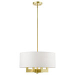 Livex Lighting - Cresthaven 4 Light Satin Brass Pendant - The Cresthaven collection has a clean, crisp look and contemporary appeal. The hand-crafted off-white fabric hardback shade offers a diffused warm light.  This satin brass finish four-light pendant chandelier has sleek exposed angular arms making it tasteful to elevate your style.  Will adapt well in the living room, dining room and bedroom.