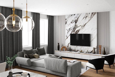 Идея дизайна: гостиная комната в современном стиле с белыми стенами, паркетным полом среднего тона, телевизором на стене и зоной отдыха
