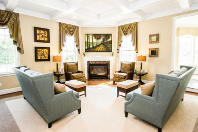 Living room - mid-sized traditional formal and open concept dark wood floor living room idea in Philadelphia with beige walls, a standard fireplace, a stone fireplace and no tv