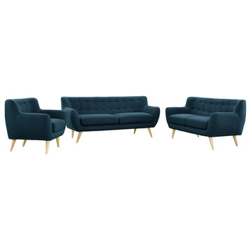 Remark 3-Piece Upholstered Fabric Living Room Set, Azure