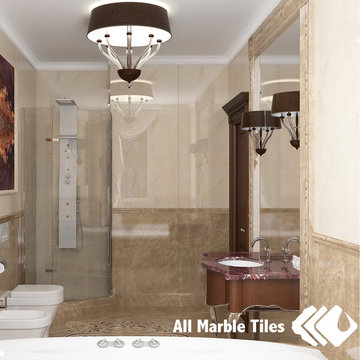 Bathroom Design with Light Emperador Marble Tile, Crown Moulding and Pencil