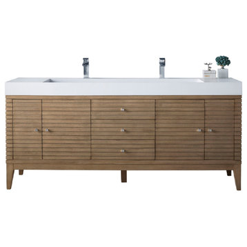 Linear 72" Double Vanity, Whitewashed Walnut, Glossy White Top
