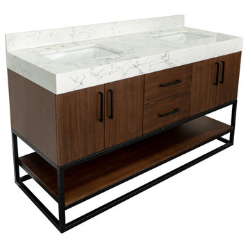 Ellis 60" Bathroom Vanity, Walnut, Top: Engineered Marble, Double Sink