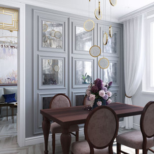 Design ideas for a mid-sized transitional l-shaped eat-in kitchen in Moscow with an undermount sink, raised-panel cabinets, beige cabinets, quartzite benchtops, pink splashback, panelled appliances, light hardwood floors, no island, beige floor and pink benchtop.