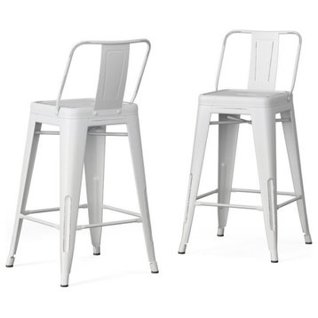 Simpli Home Rayne 24" Metal Counter Stool in Distressed White (Set of 2)